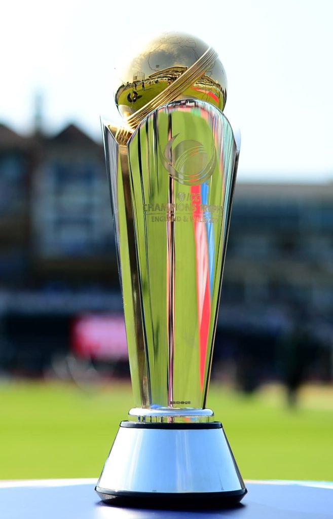 ICC Champions Trophy 2025 trophy shining with elegant design and cricket-themed details.