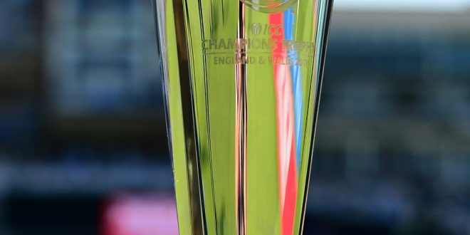 ICC Champions Trophy 2025 trophy shining with elegant design and cricket-themed details.