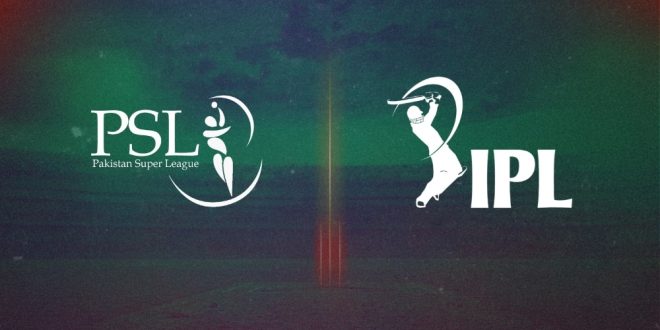 Logos of the Pakistan Super League (PSL) and Indian Premier League (IPL) side by side, symbolizing competition and challenges.