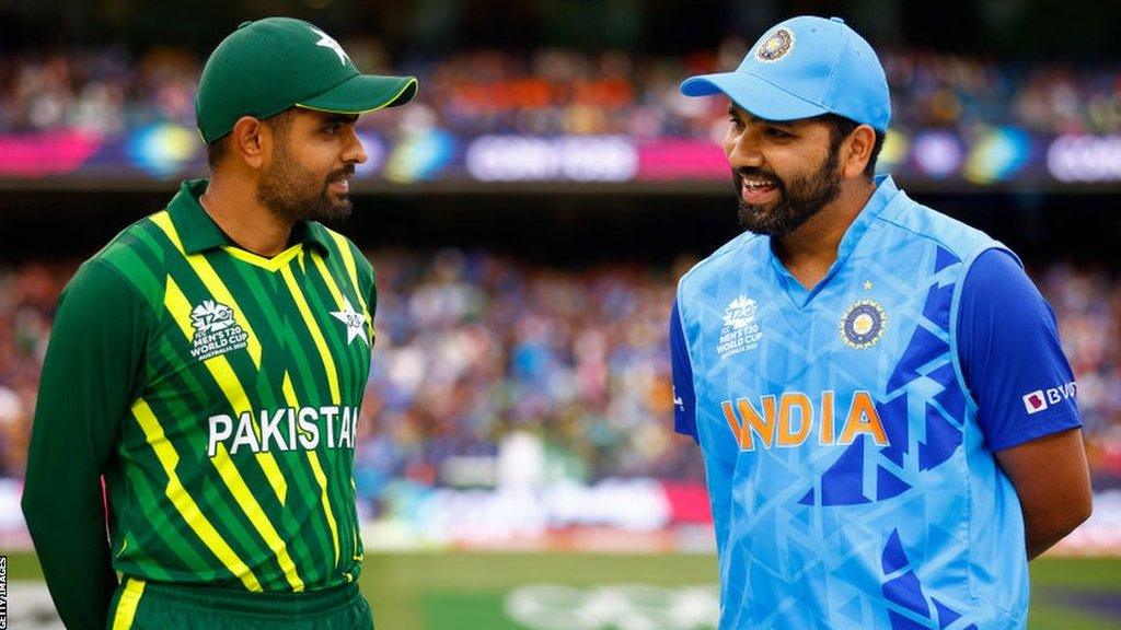 Pakistan and India cricketers in action during a match.