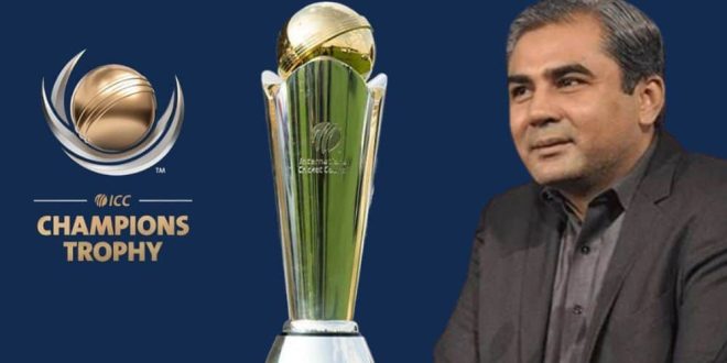 Chairman of the Pakistan Cricket Board standing beside the ICC Champions Trophy 2025