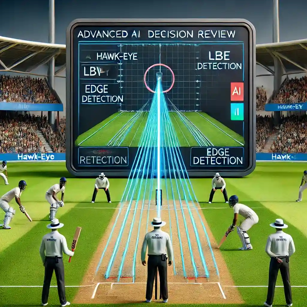 AI-powered Hawk-Eye decision review system in a cricket match.