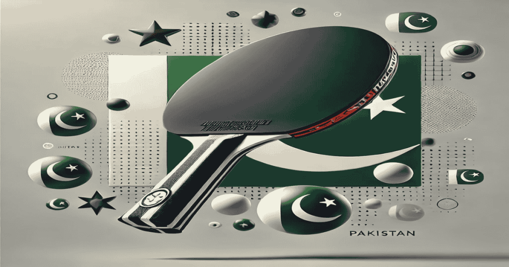 High-quality table tennis racket with a sleek design, featuring elements representing Pakistan in the background.