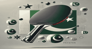 High-quality table tennis racket with a sleek design, featuring elements representing Pakistan in the background.