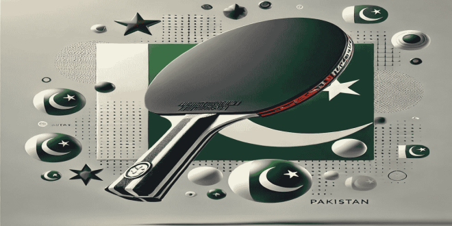 High-quality table tennis racket with a sleek design, featuring elements representing Pakistan in the background.