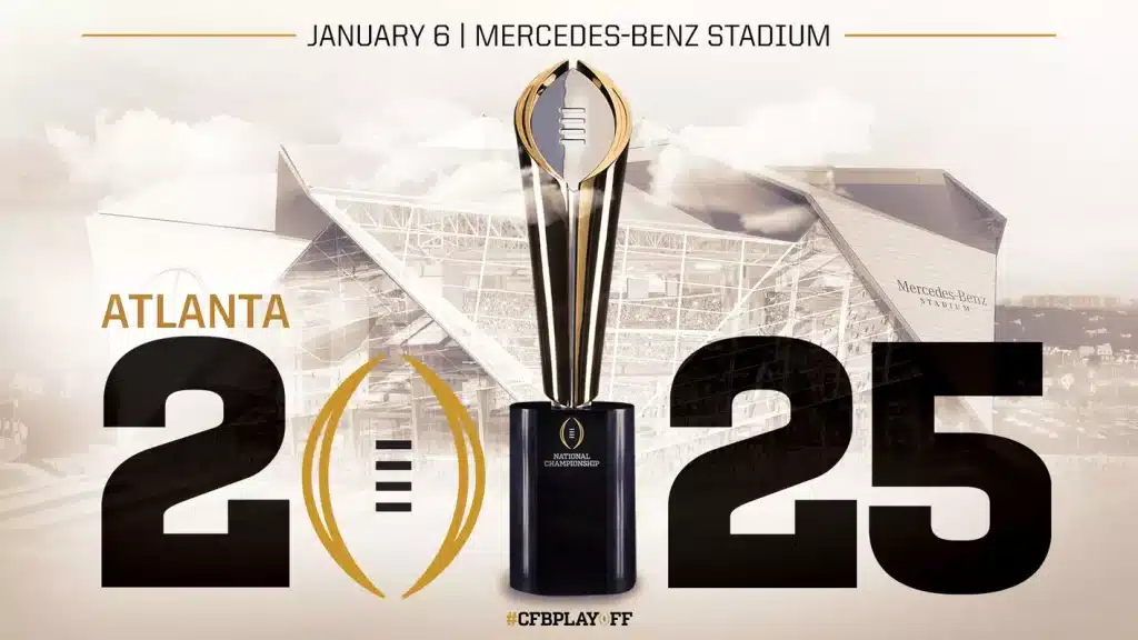 The College Football Playoff National Championship Trophy, a sleek gold-and-silver football-shaped design representing the ultimate prize in college football.