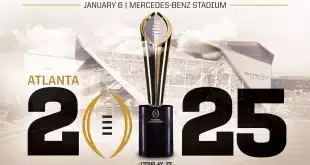 The College Football Playoff National Championship Trophy, a sleek gold-and-silver football-shaped design representing the ultimate prize in college football.