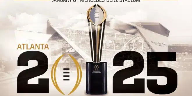 The College Football Playoff National Championship Trophy, a sleek gold-and-silver football-shaped design representing the ultimate prize in college football.