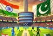 India and Pakistan cricket teams facing off on a neutral ground with the ICC office in the backdrop and cheering fans in a vibrant stadium.