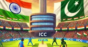 India and Pakistan cricket teams facing off on a neutral ground with the ICC office in the backdrop and cheering fans in a vibrant stadium.