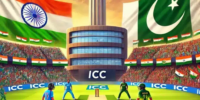 India and Pakistan cricket teams facing off on a neutral ground with the ICC office in the backdrop and cheering fans in a vibrant stadium.