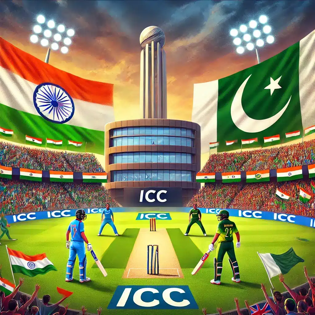 India and Pakistan cricket teams facing off on a neutral ground with the ICC office in the backdrop and cheering fans in a vibrant stadium.