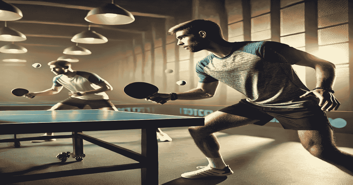 Professional table tennis match with players showcasing intense gameplay, including techniques like backspin, forehand loops, and smashes.