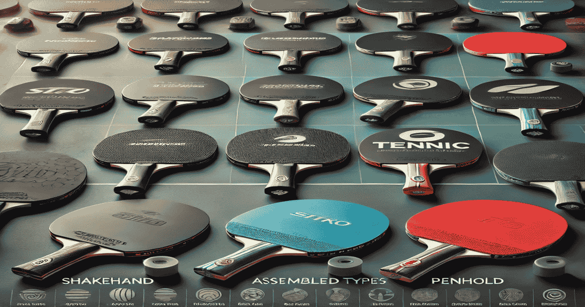 Different types of table tennis rackets for beginners, intermediate, and advanced players, featuring shakehand and penhold grip styles.