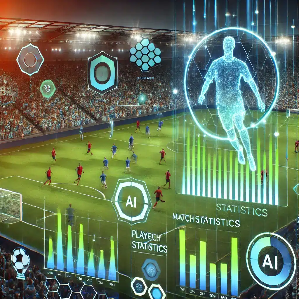 An advanced AI-powered football analytics screen showing vibrant heatmaps of players' movements, match statistics, and predictive graphs. The backgrou