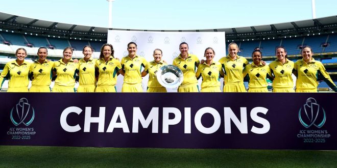 Australian women’s cricket team celebrates their ICC Women’s Championship 2025 victory, with captain Alyssa Healy proudly holding the trophy in Melbourne