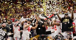 Ohio State defeats Notre Dame 34-23 to win their sixth national title in the 2025 College Football Playoff National Championship.