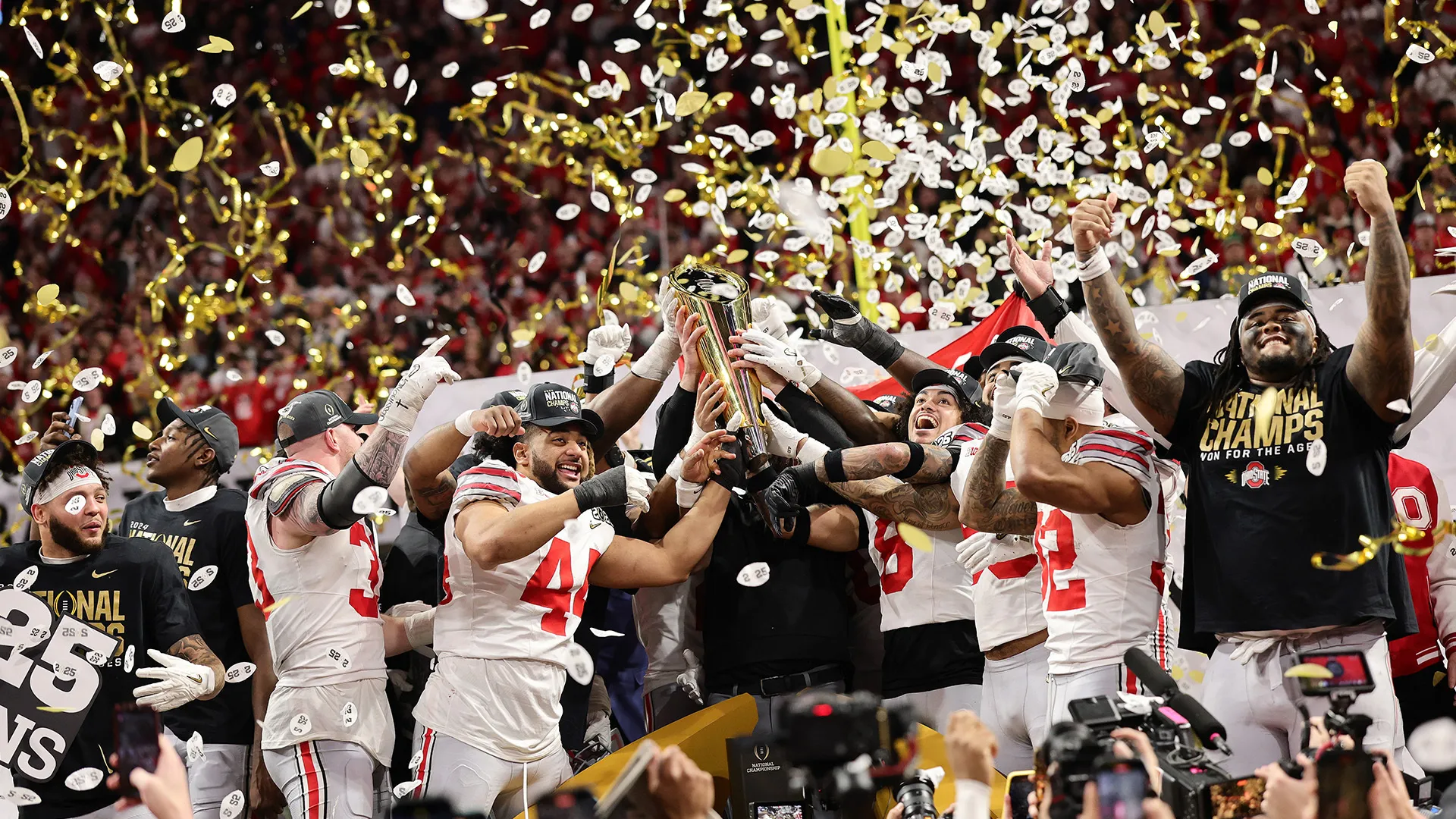 Ohio State defeats Notre Dame 34-23 to win their sixth national title in the 2025 College Football Playoff National Championship.