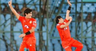 "Naseem Shah celebrates a wicket with a teammate during a Pakistan Super League match for Islamabad United."