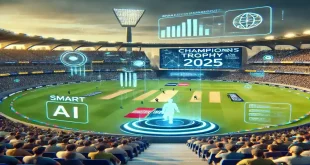 A futuristic cricket stadium during the Champions Trophy 2025, showcasing AI-powered technology. The image features a high-tech scoreboard displaying