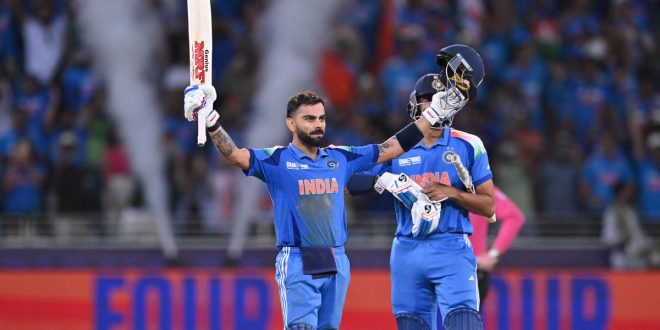 Virat Kohli celebrates his unbeaten century as India defeats Pakistan in the ICC Champions Trophy 2025.