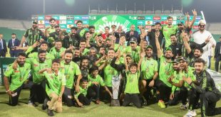 Lahore Qalandars team celebrating with PSL 2025 trophy after winning final against Quetta Gladiators at Gaddafi Stadium