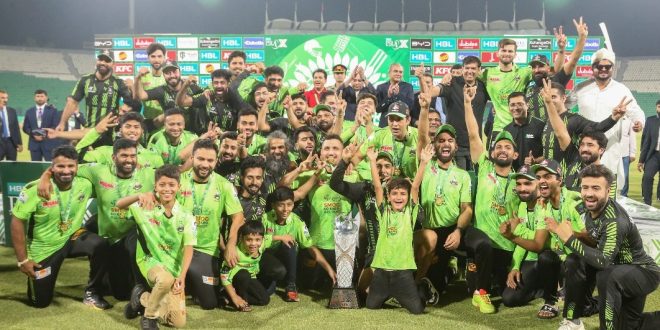 Lahore Qalandars team celebrating with PSL 2025 trophy after winning final against Quetta Gladiators at Gaddafi Stadium